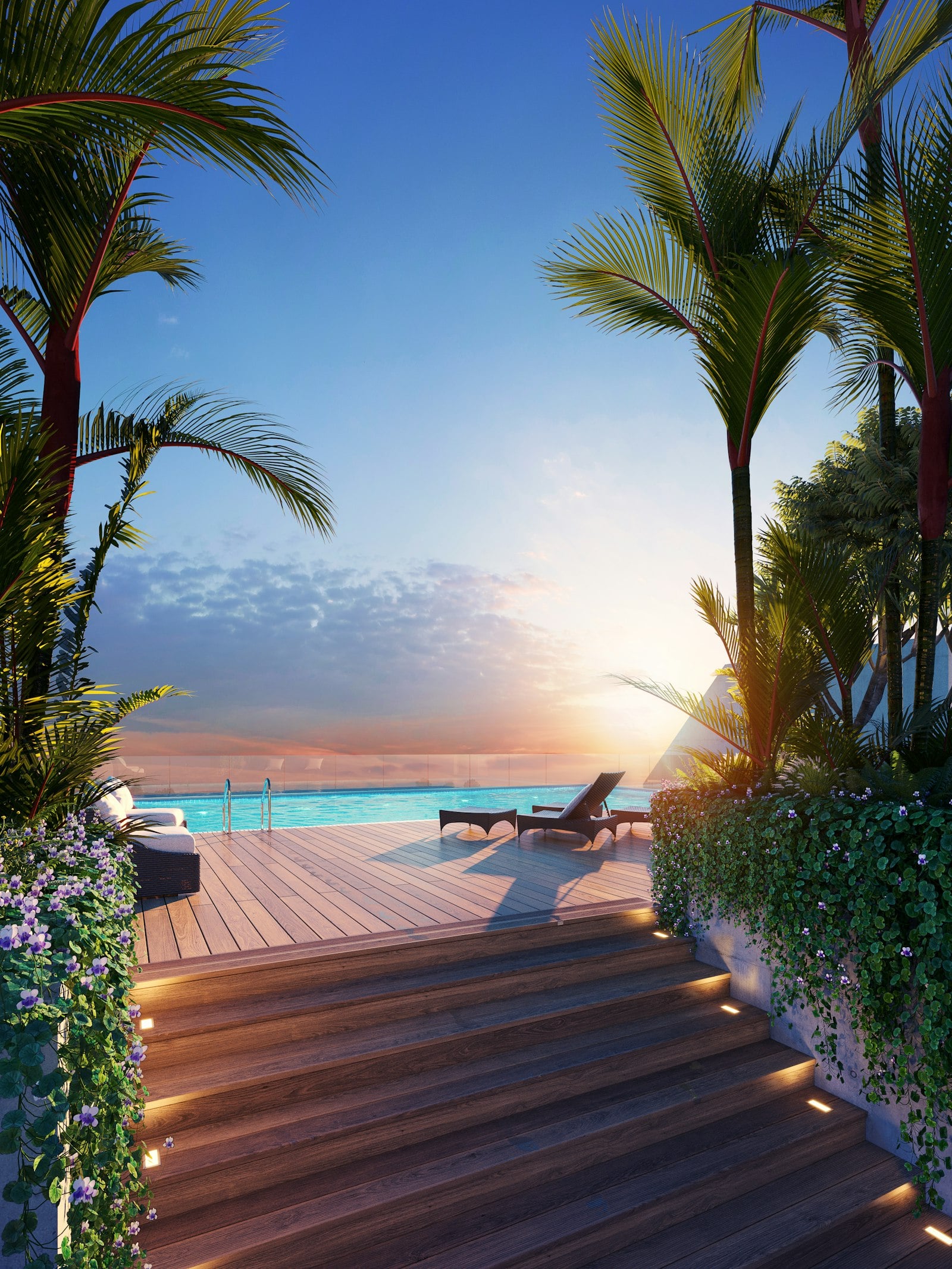 Luxury villa infinity pool at sunset